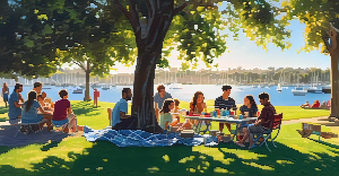 A lively picnic with friends at Mission Bay Park, showcasing a BBQ grill and children playing in the background.