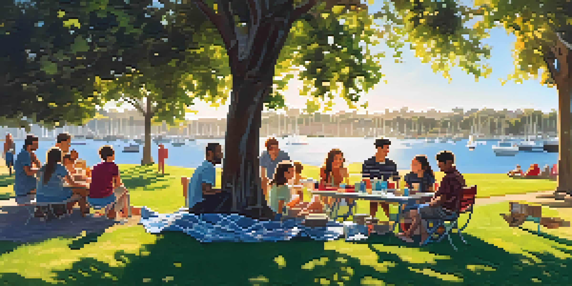 A lively picnic with friends at Mission Bay Park, showcasing a BBQ grill and children playing in the background.