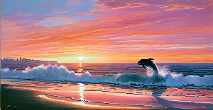 A picturesque San Diego coastline at sunset with a breaching whale in the foreground and dolphins swimming nearby.