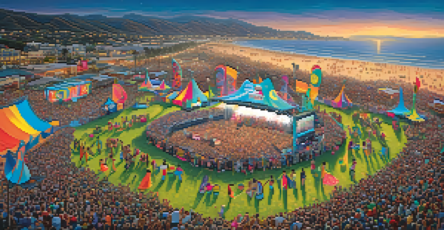 An aerial view of a bustling outdoor music festival with multiple stages and a large crowd against a coastal backdrop in San Diego.