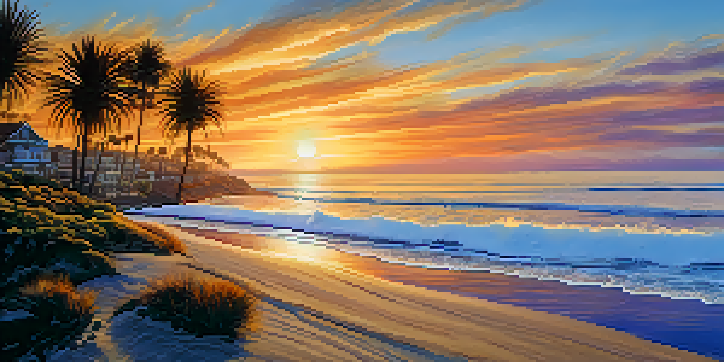 A breathtaking sunrise over San Diego's coastline with vibrant colors in the sky, gentle ocean waves, and palm trees on the sandy beach.