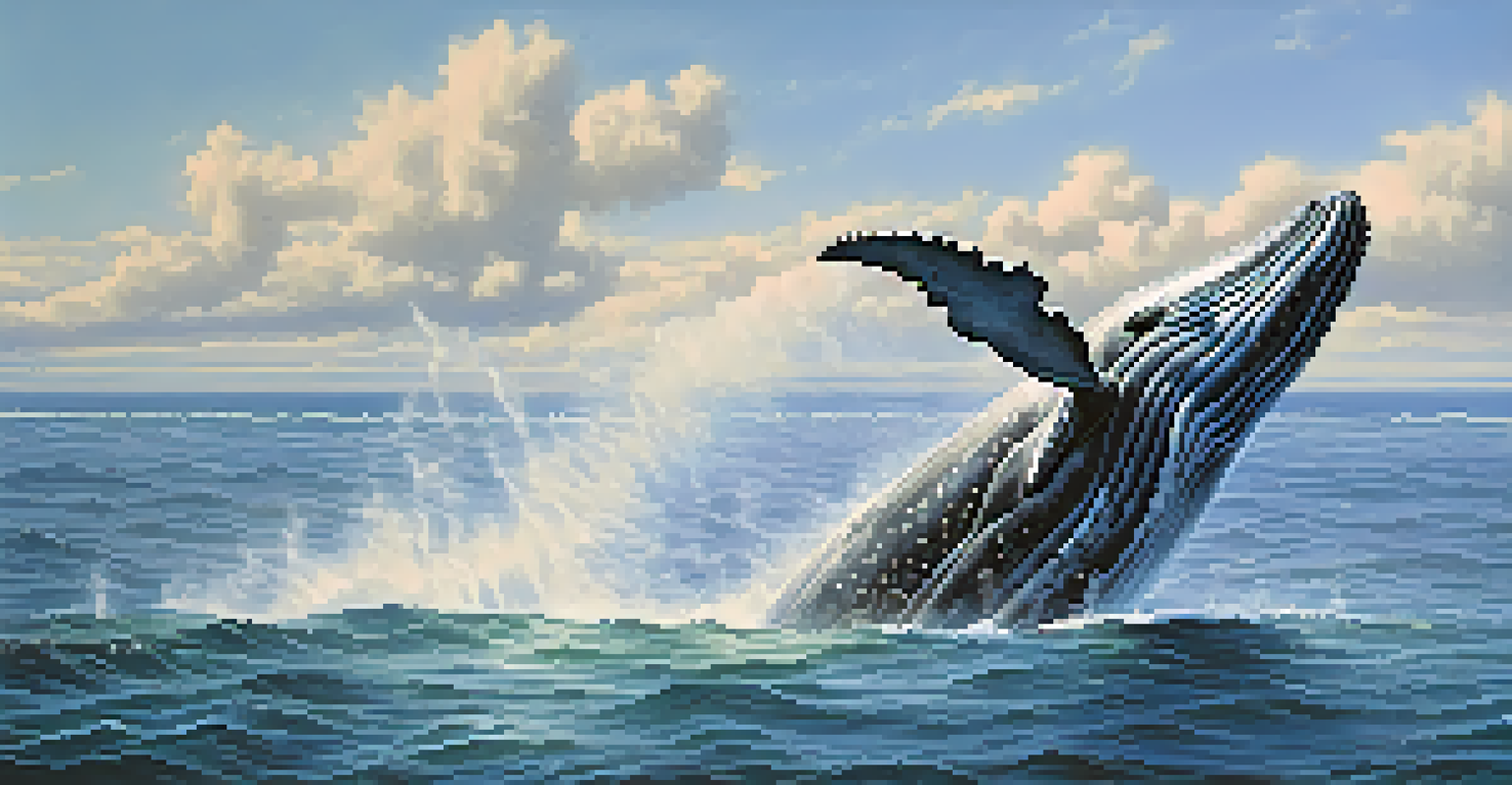 A gray whale breaching the ocean surface with a small boat of whale watchers in the background.
