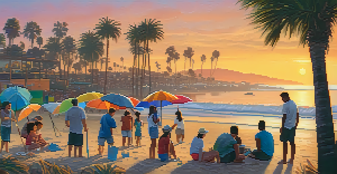 A group of diverse people participating in a beach clean-up at sunset, with palm trees and colorful umbrellas in the background.