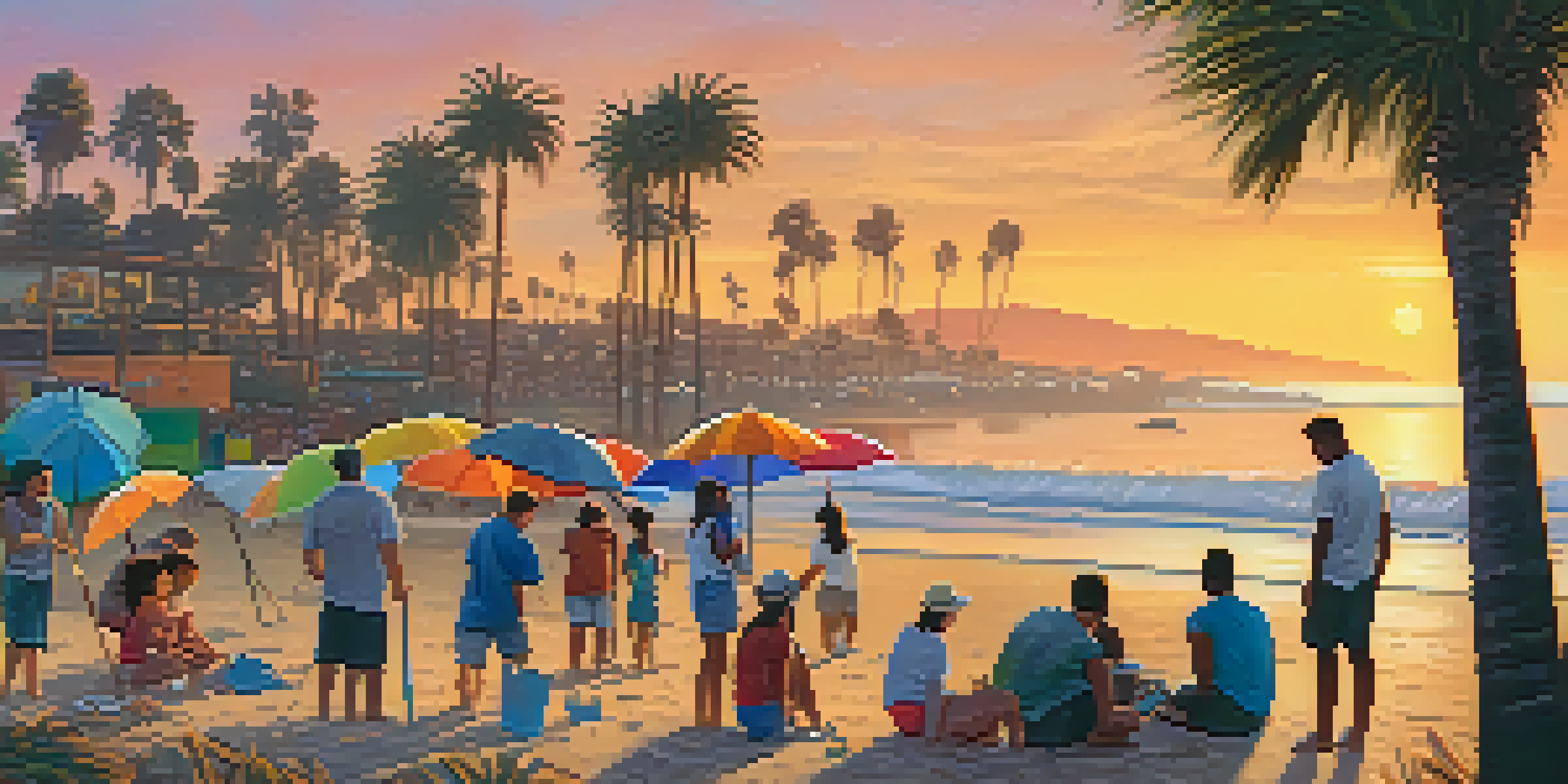 A group of diverse people participating in a beach clean-up at sunset, with palm trees and colorful umbrellas in the background.