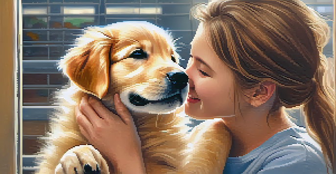 A volunteer interacting lovingly with a golden retriever puppy in an animal shelter, surrounded by other animals.