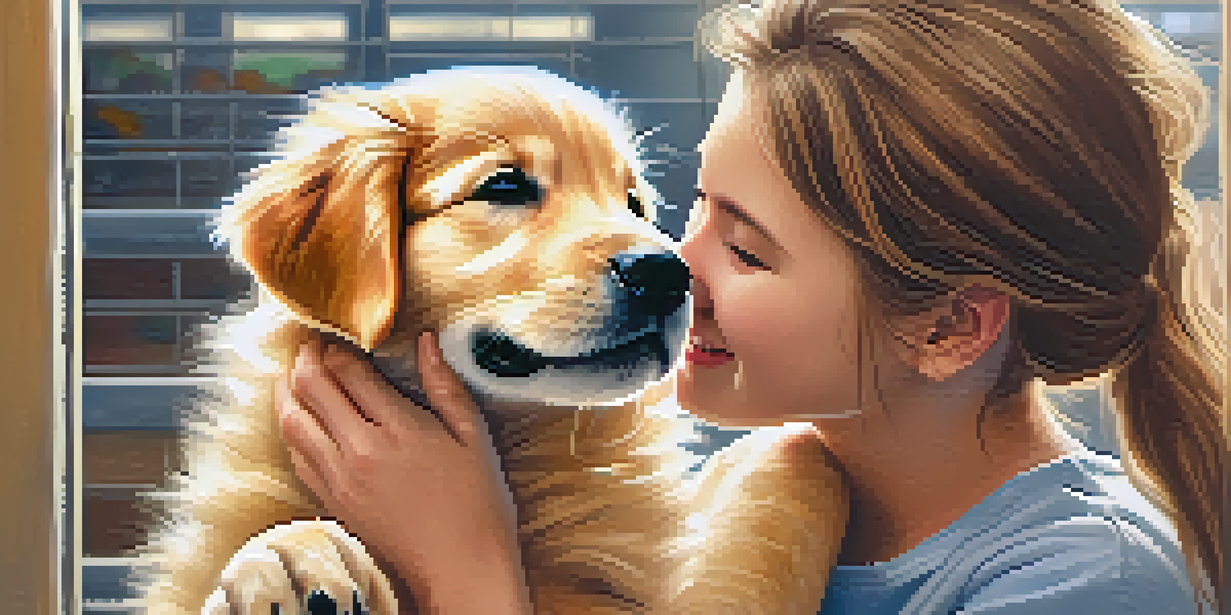 A volunteer interacting lovingly with a golden retriever puppy in an animal shelter, surrounded by other animals.