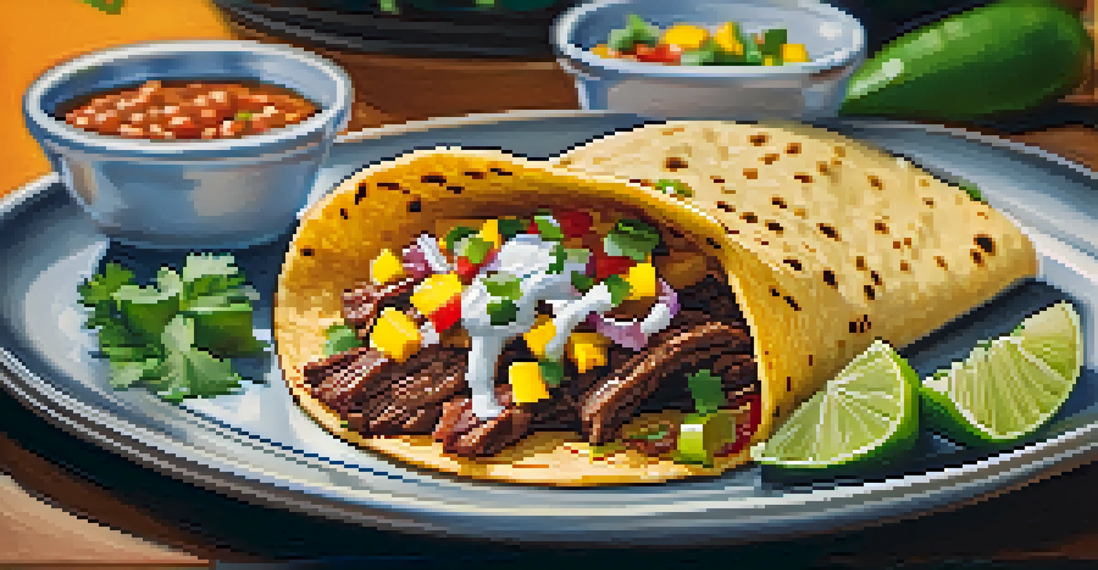 A close-up of a gourmet taco filled with carne asada and topped with mango salsa, set against a blurred restaurant background in San Diego.