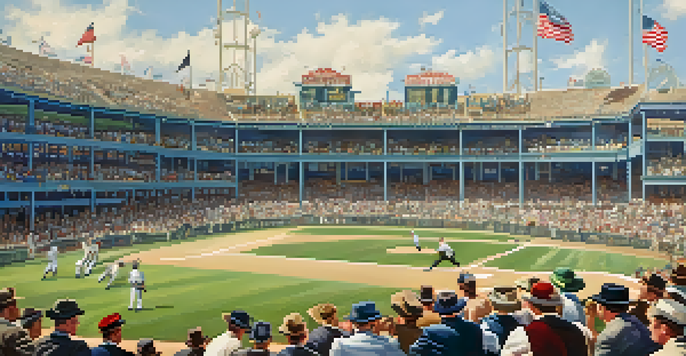 A historic baseball game at Lane Field in San Diego with players in vintage uniforms, a cheering crowd, and a bright sunny sky.