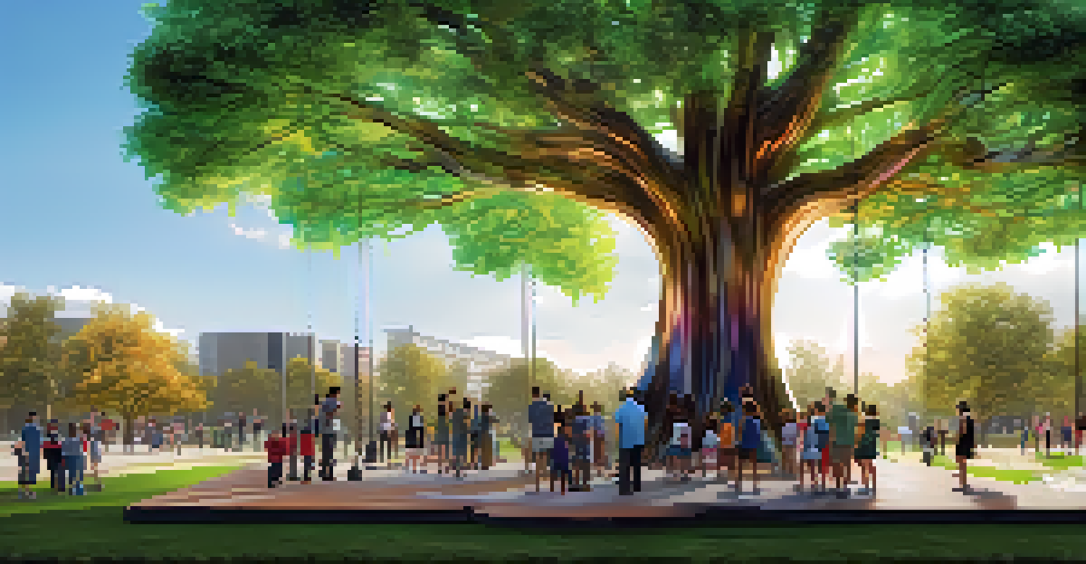 A large, colorful illuminated sculpture made of recycled materials, with people interacting around it in a vibrant park.