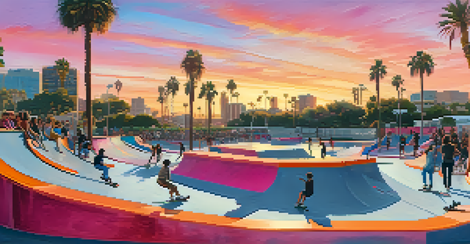 A colorful skate park in San Diego at sunset, with skaters performing tricks and a lively crowd in the background.
