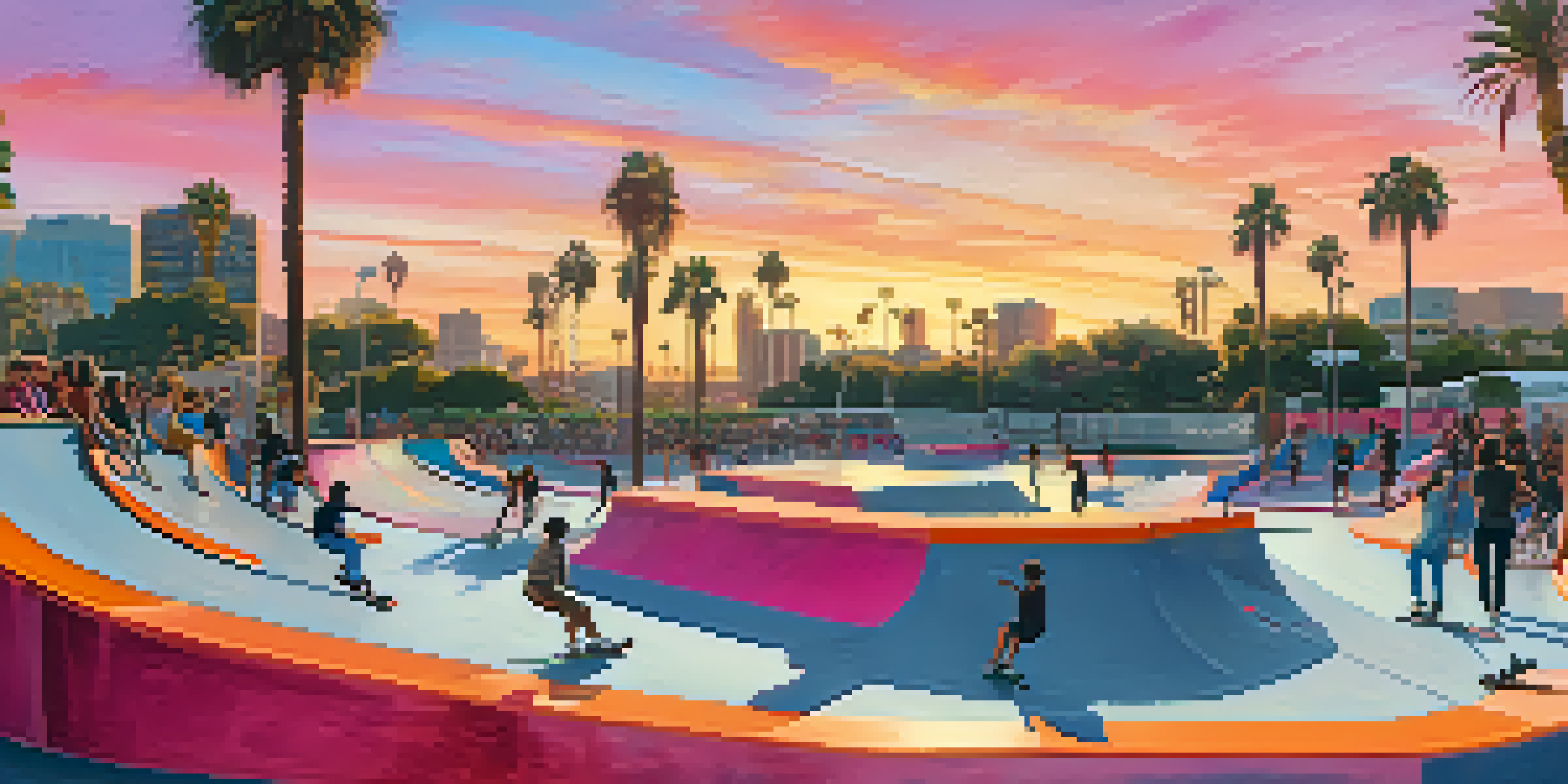 A colorful skate park in San Diego at sunset, with skaters performing tricks and a lively crowd in the background.