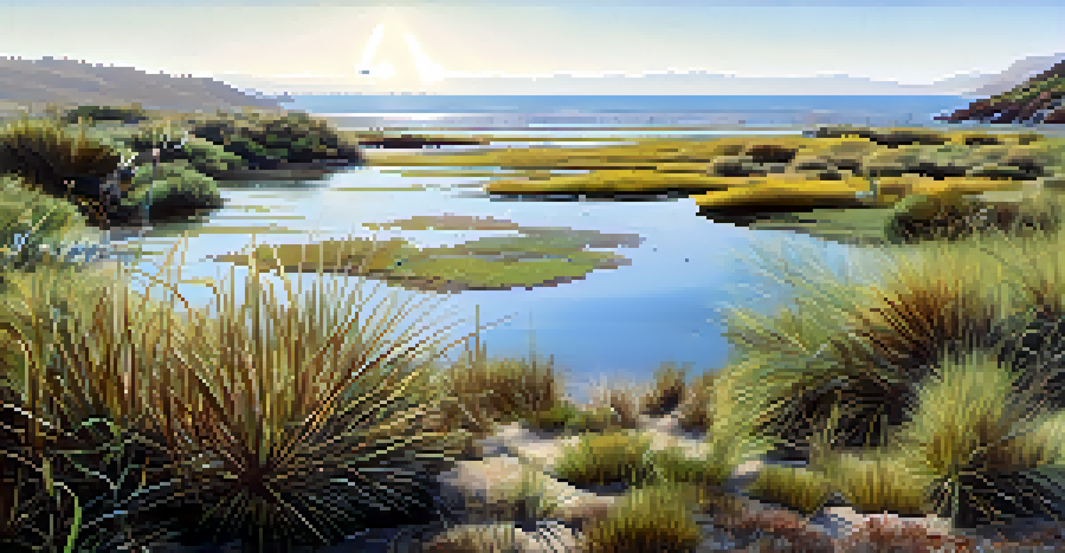 A close-up view of coastal wetlands in San Diego, showcasing native plants and wildlife, with soft natural lighting.