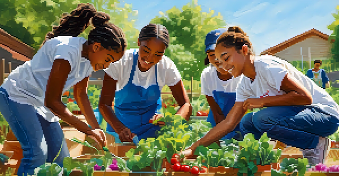 Teenagers of diverse backgrounds working together in a community garden, planting flowers and vegetables under a sunny sky.
