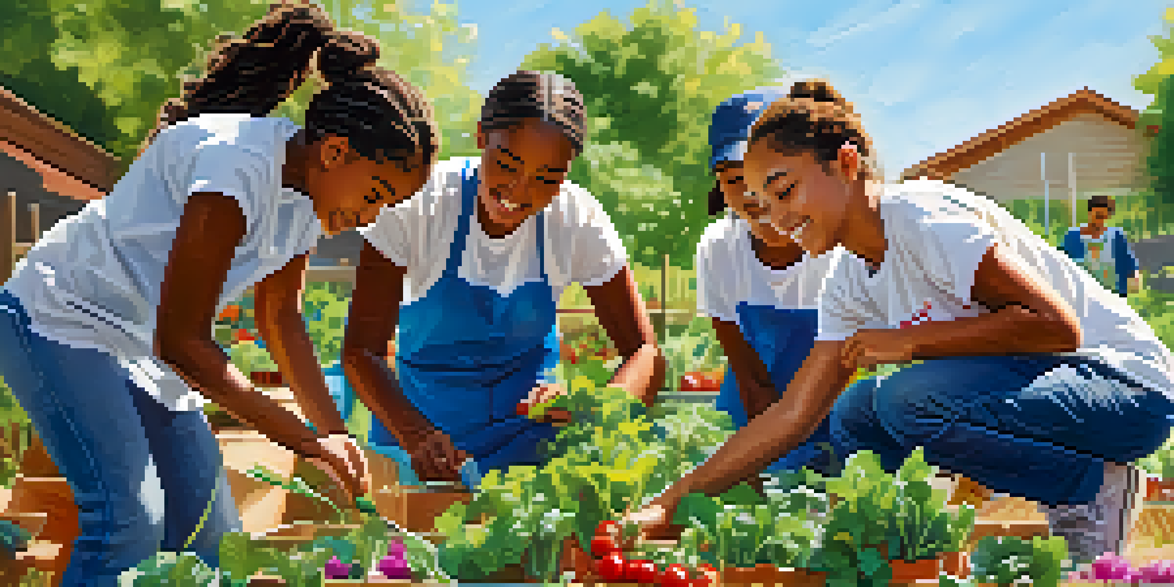 Teenagers of diverse backgrounds working together in a community garden, planting flowers and vegetables under a sunny sky.