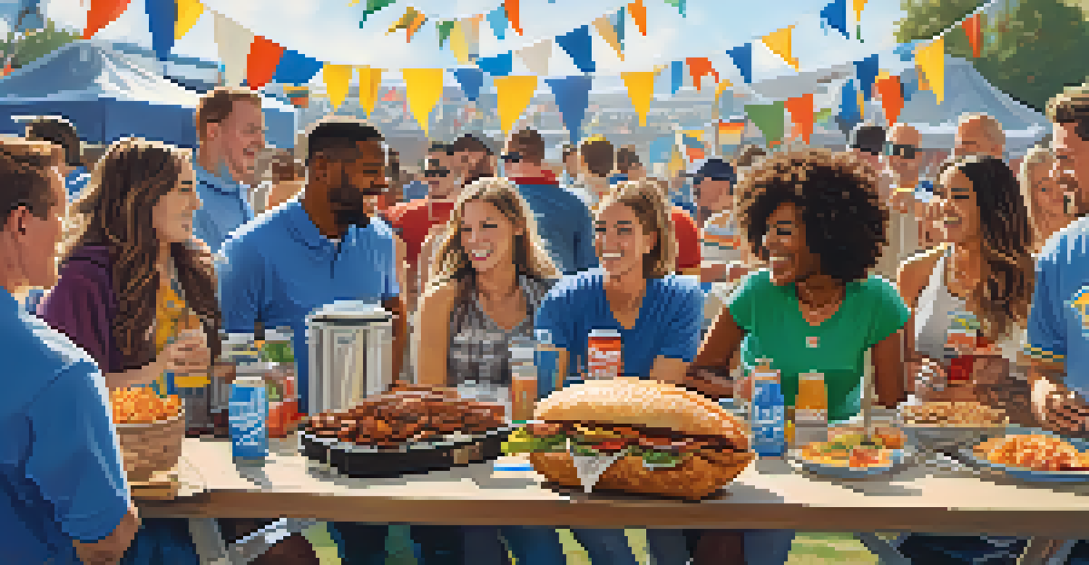 Fans enjoying a lively tailgating party with food and drinks, surrounded by team colors and decorations.