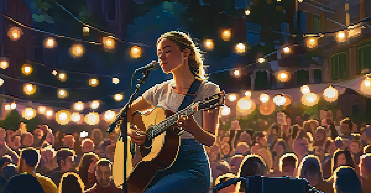 A solo singer-songwriter performing on stage at a folk music festival, with a captivated audience and soft lighting.