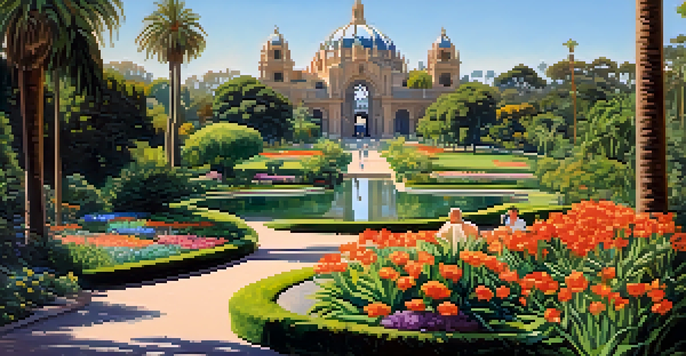 A beautiful scene in Balboa Park with gardens, the Botanical Building, and families walking on the trails under the sunlight.