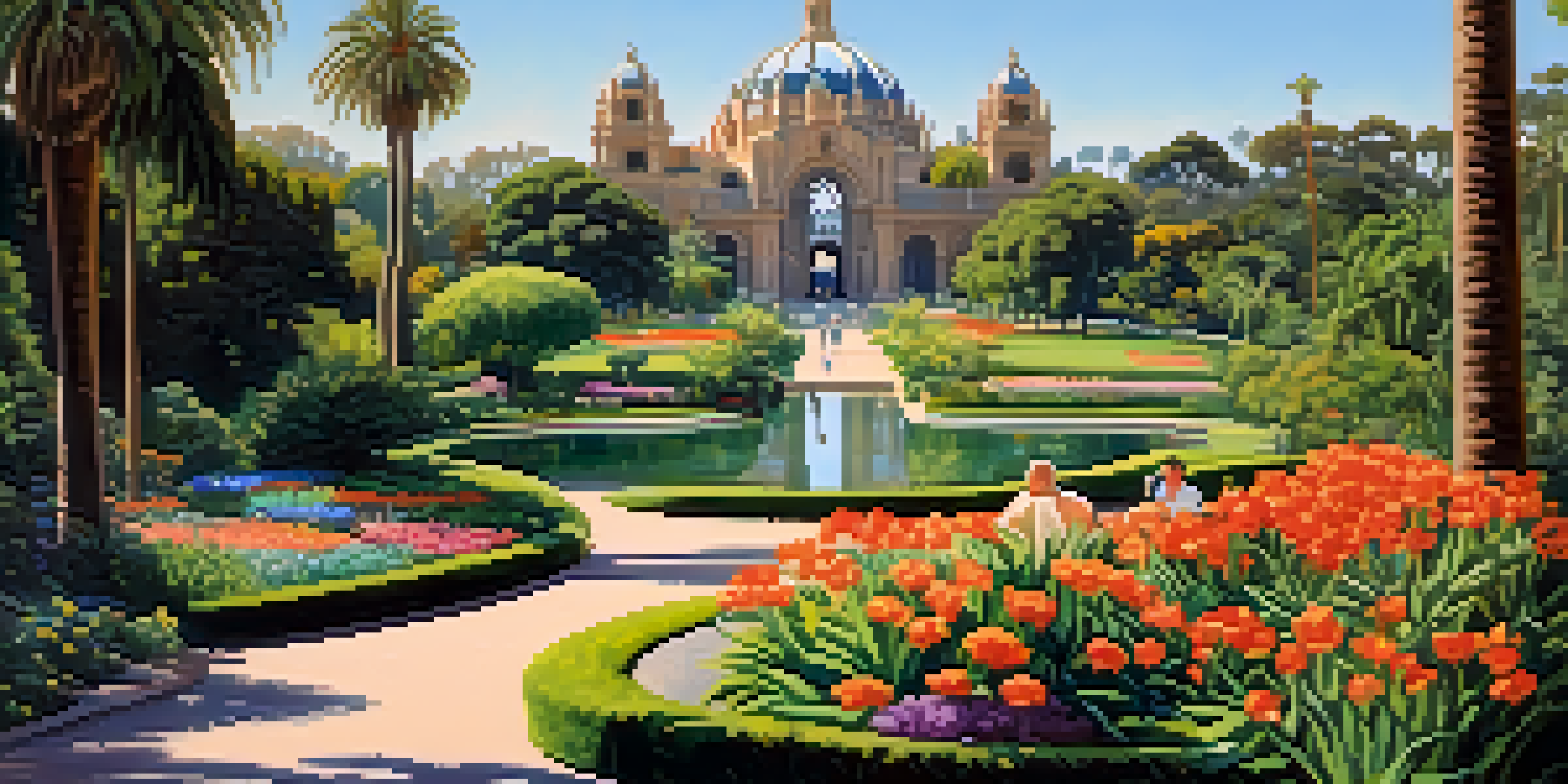 A beautiful scene in Balboa Park with gardens, the Botanical Building, and families walking on the trails under the sunlight.