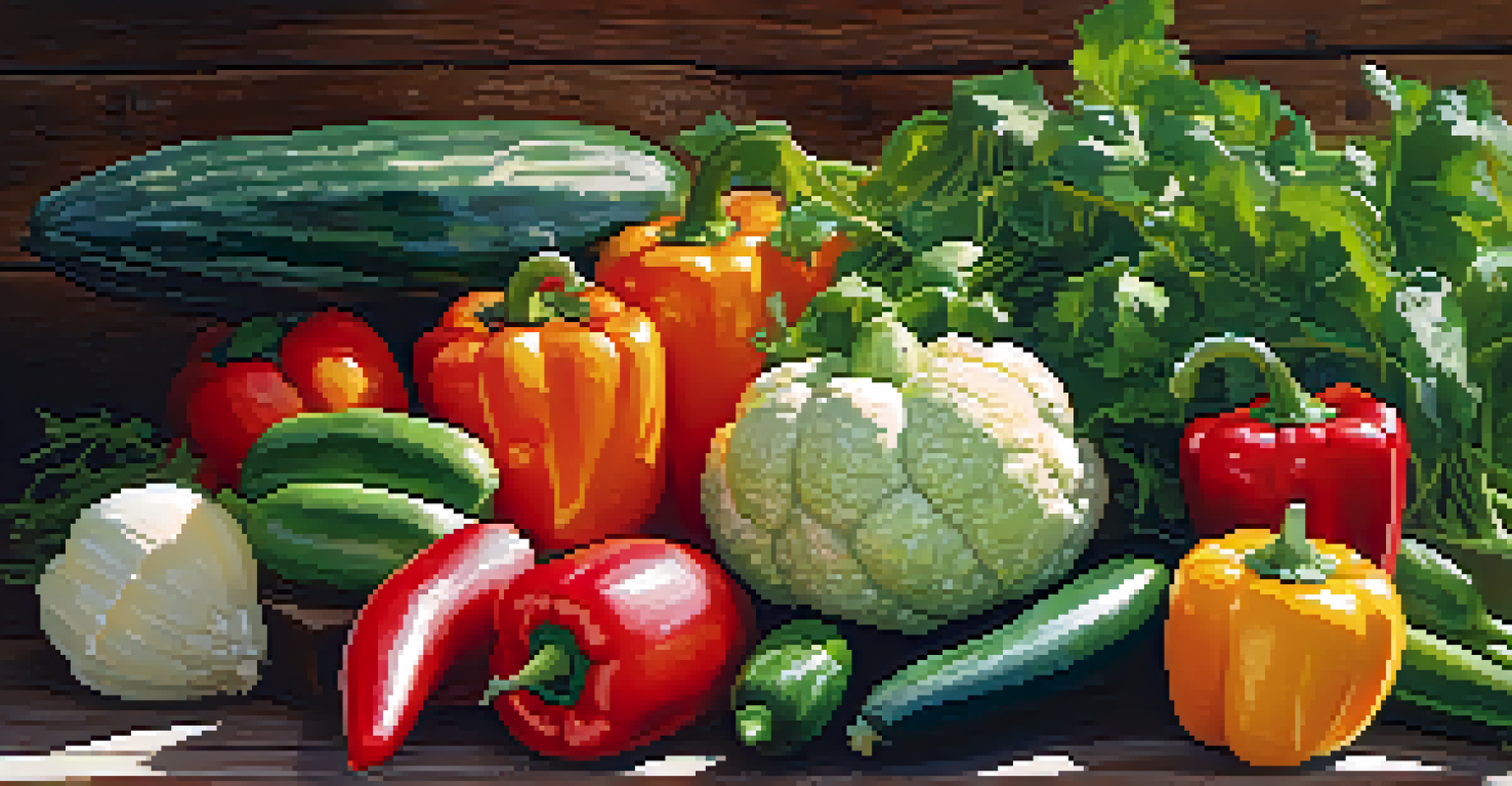 A detailed view of fresh organic vegetables displayed at a farmers market, showcasing their bright colors and textures.