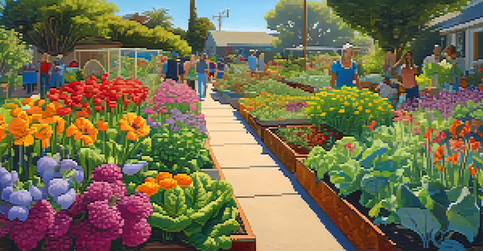 A community garden in San Diego with diverse participants planting and watering colorful flowers and vegetables under the sunshine.