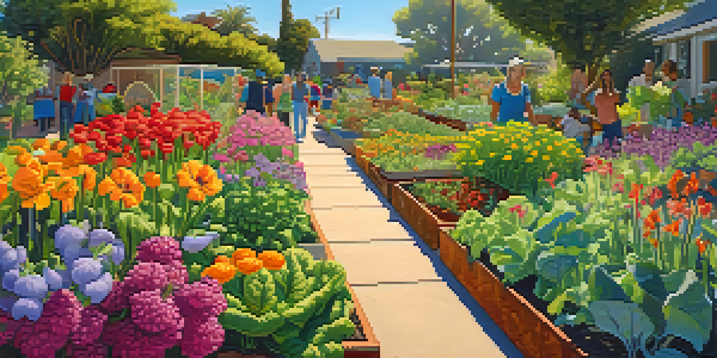 A community garden in San Diego with diverse participants planting and watering colorful flowers and vegetables under the sunshine.