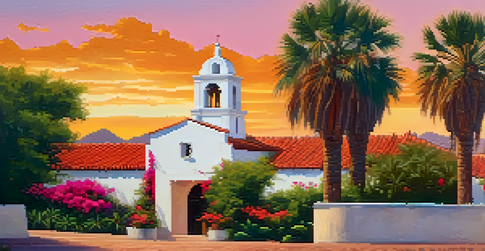 A sunset view of Mission San Diego de Alcalá, featuring adobe architecture and colorful bougainvillea flowers.