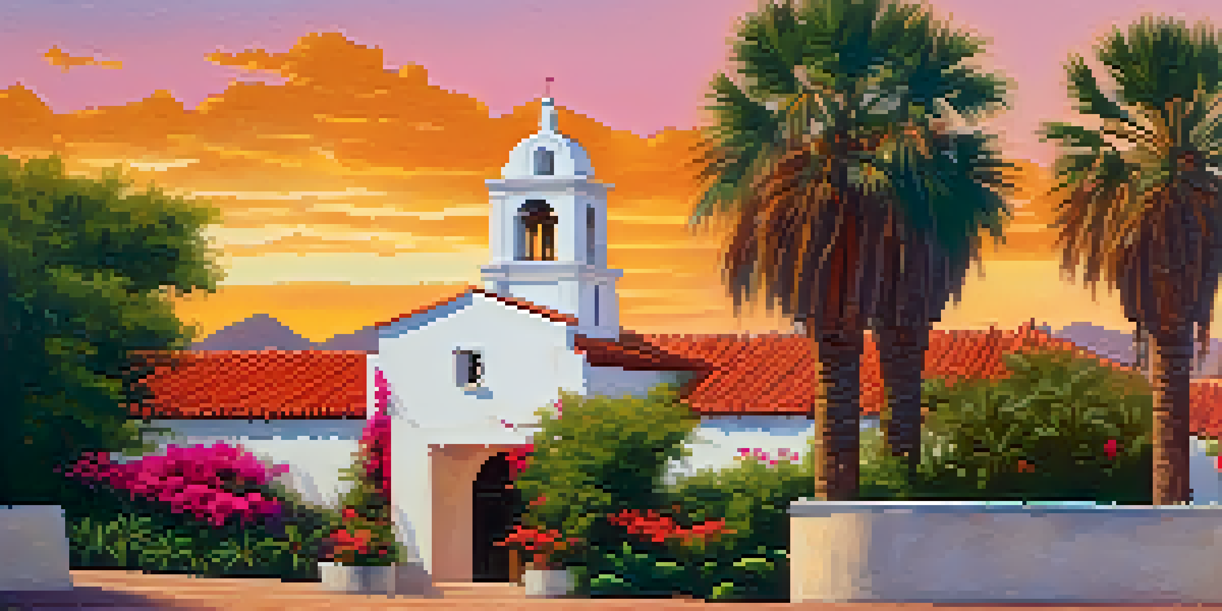 A sunset view of Mission San Diego de Alcalá, featuring adobe architecture and colorful bougainvillea flowers.