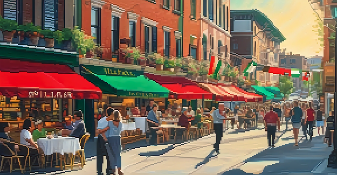 A lively street in Little Italy with colorful shops and cafes, people dining outdoors, and Italian flags waving in the sunlight.