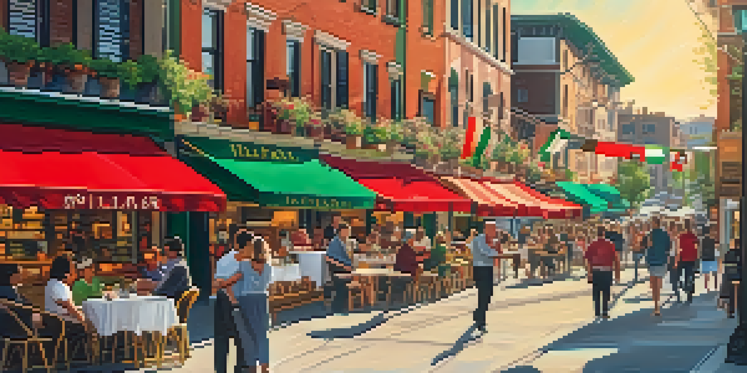 A lively street in Little Italy with colorful shops and cafes, people dining outdoors, and Italian flags waving in the sunlight.