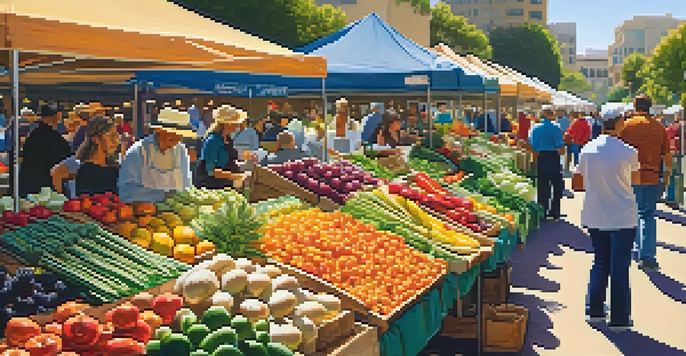 A lively farmers' market in San Diego filled with colorful fruits and vegetables, people shopping, and chefs picking fresh produce under warm sunlight.