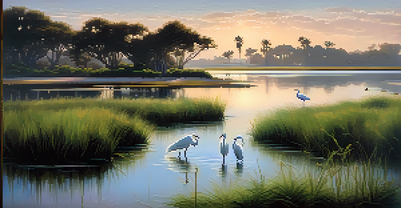 Egrets wade through shallow wetland water at sunrise in Mission Bay Park.