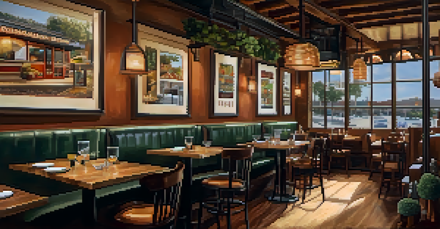 A cozy restaurant interior in San Diego with diners enjoying meals made from local ingredients, warm lighting, and local art on the walls.