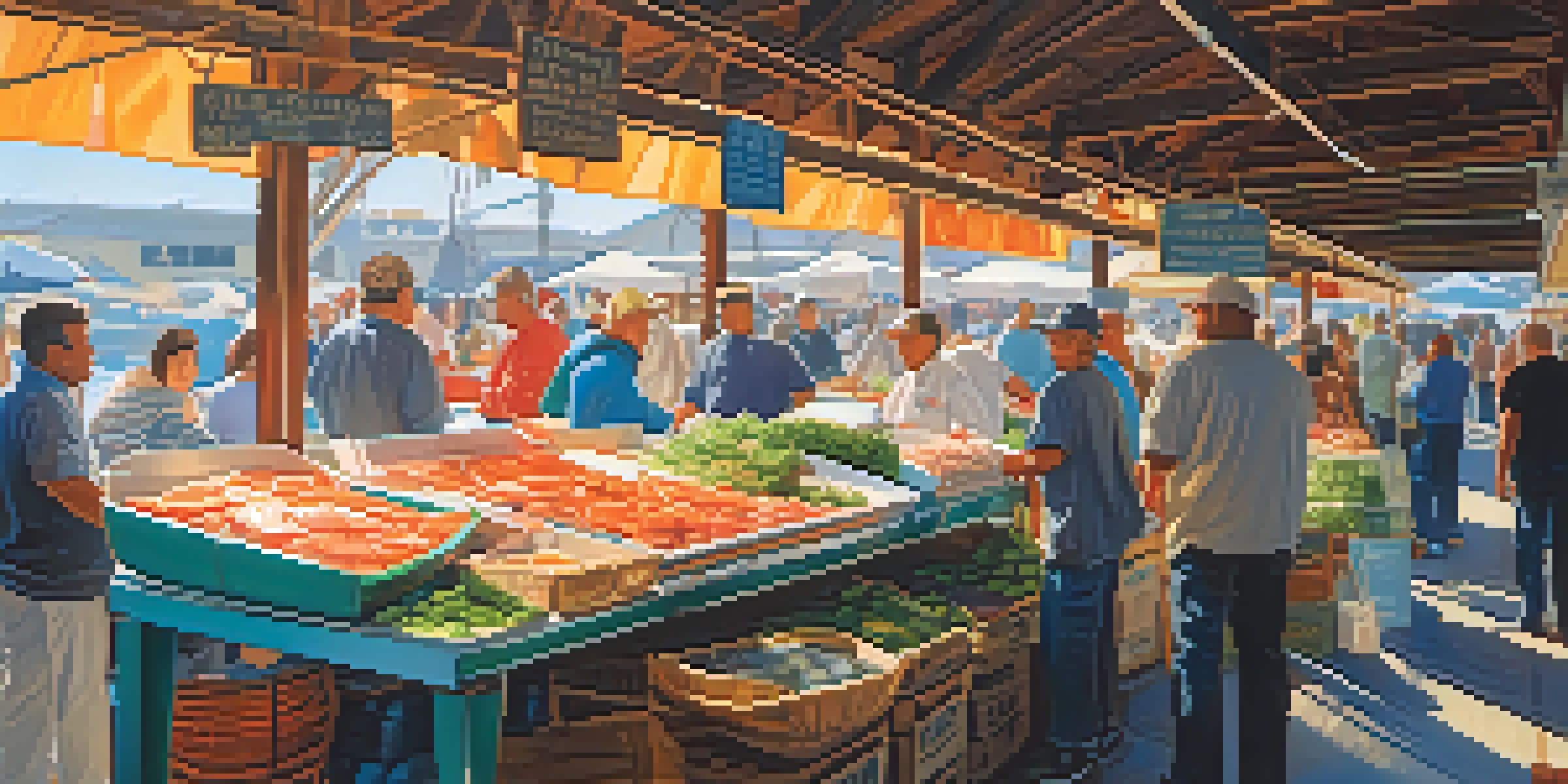 A lively seafood market in San Diego with fresh seafood on display and customers interacting with vendors.