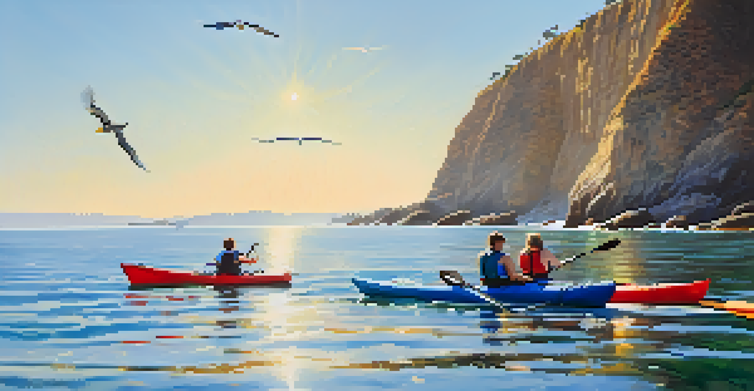 Kayakers enjoying a sunny day on San Diego's coastline with clear waters and cliffs.