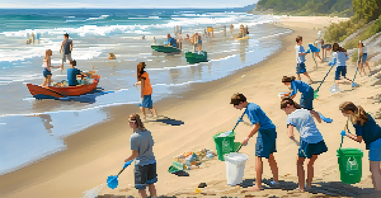 A group of teenagers engaged in a beach cleanup, collecting trash along the shoreline with the ocean in the background.