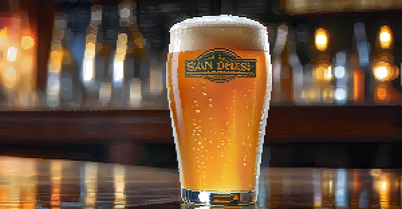 A close-up of a golden San Diego-style IPA in a frosty glass with condensation, featuring a citrus slice on the rim and blurred brewery equipment in the background.