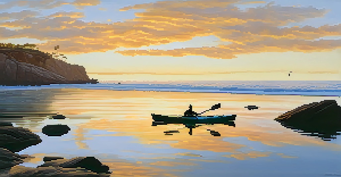 A lone kayaker paddling in calm waters at La Jolla Cove during sunrise, with rocky cliffs in the background and vibrant marine life visible beneath the water.