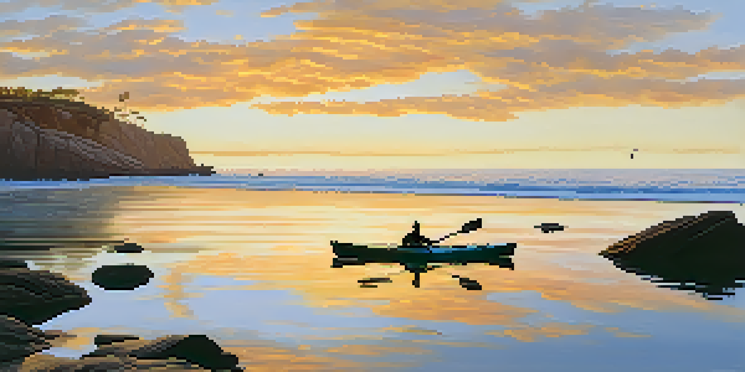 A lone kayaker paddling in calm waters at La Jolla Cove during sunrise, with rocky cliffs in the background and vibrant marine life visible beneath the water.