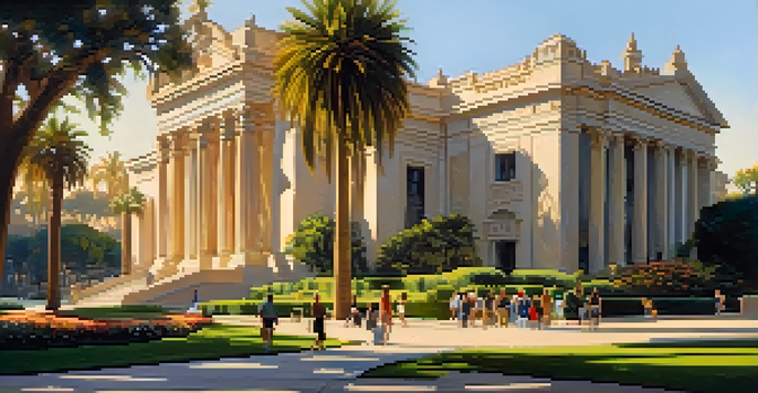 A view of the San Diego Museum of Art with beautiful gardens, bathed in warm afternoon light, showing visitors enjoying the space.
