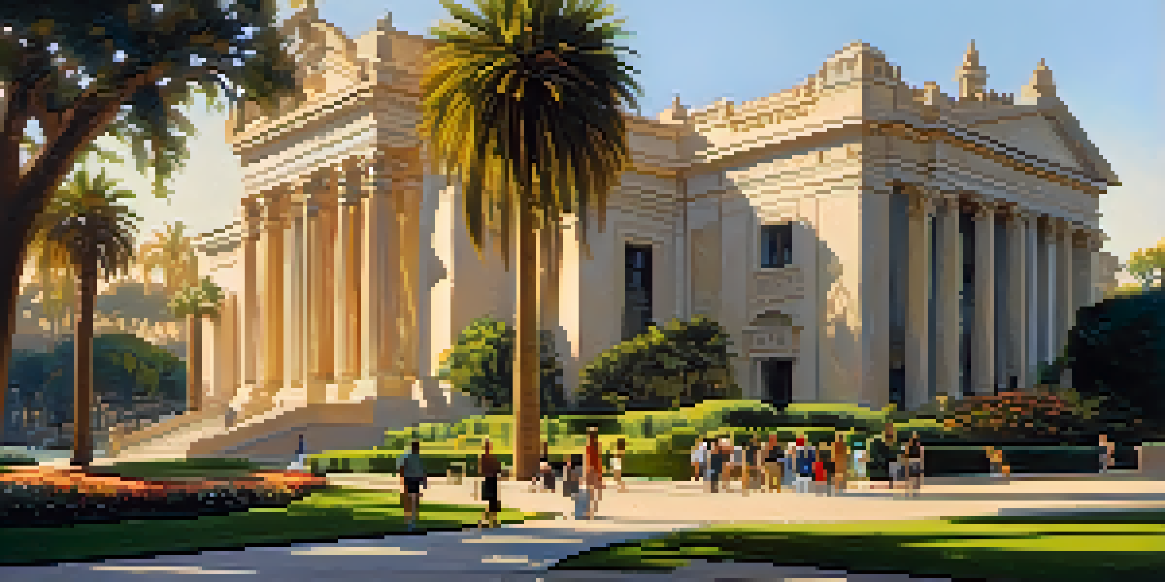 A view of the San Diego Museum of Art with beautiful gardens, bathed in warm afternoon light, showing visitors enjoying the space.
