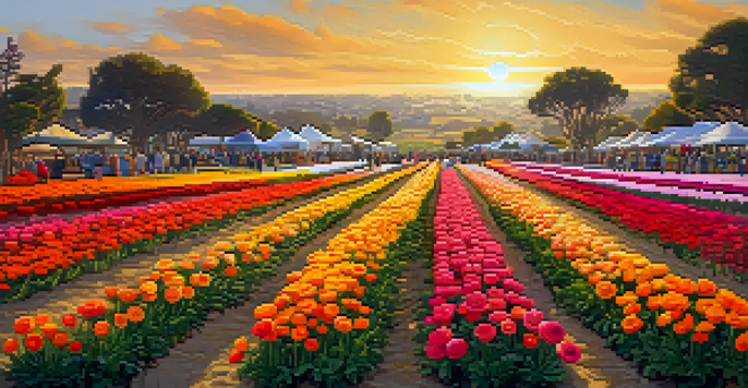 A panoramic view of colorful flower fields with people walking through them under a sunny sky.