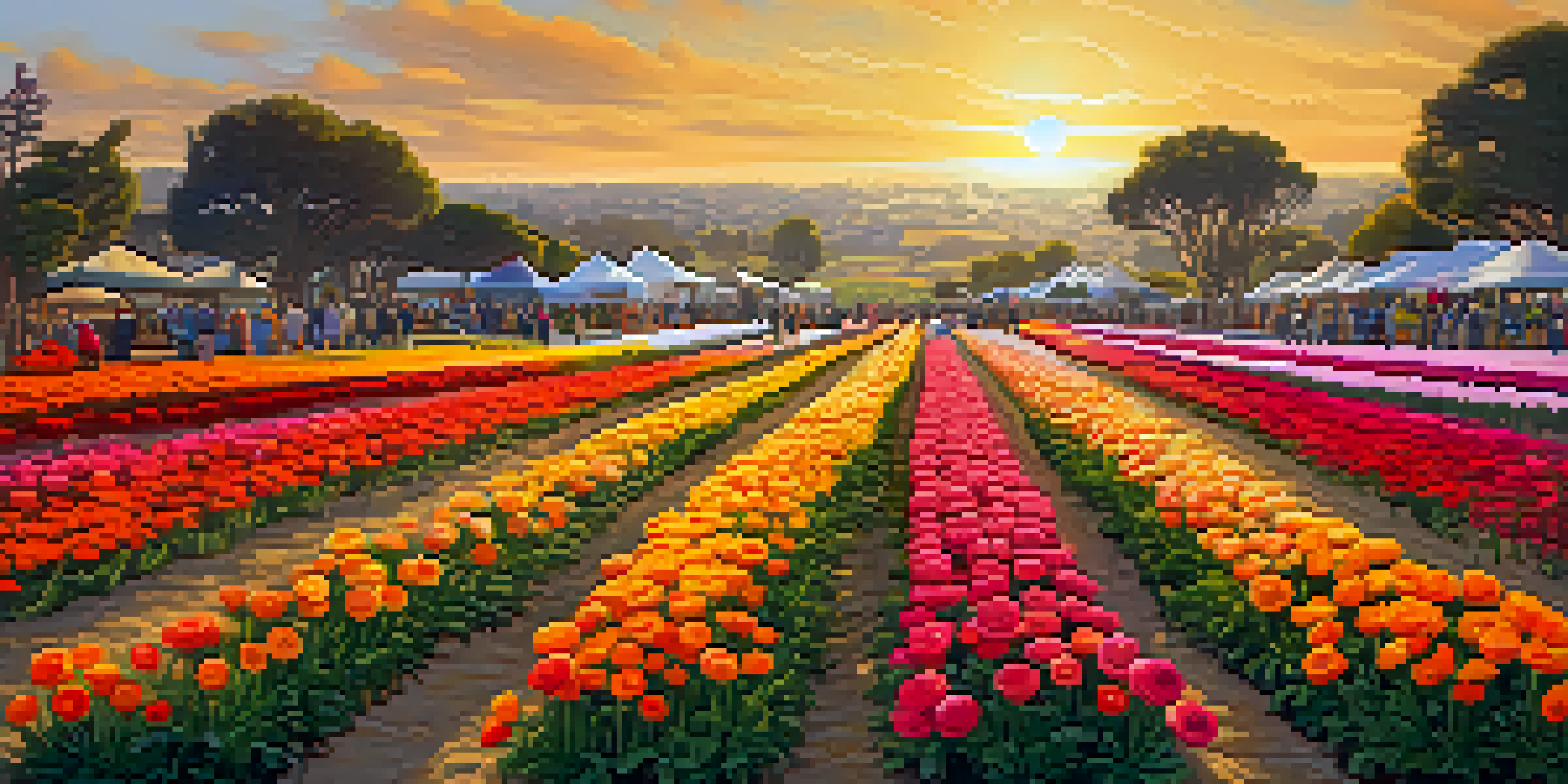 A panoramic view of colorful flower fields with people walking through them under a sunny sky.