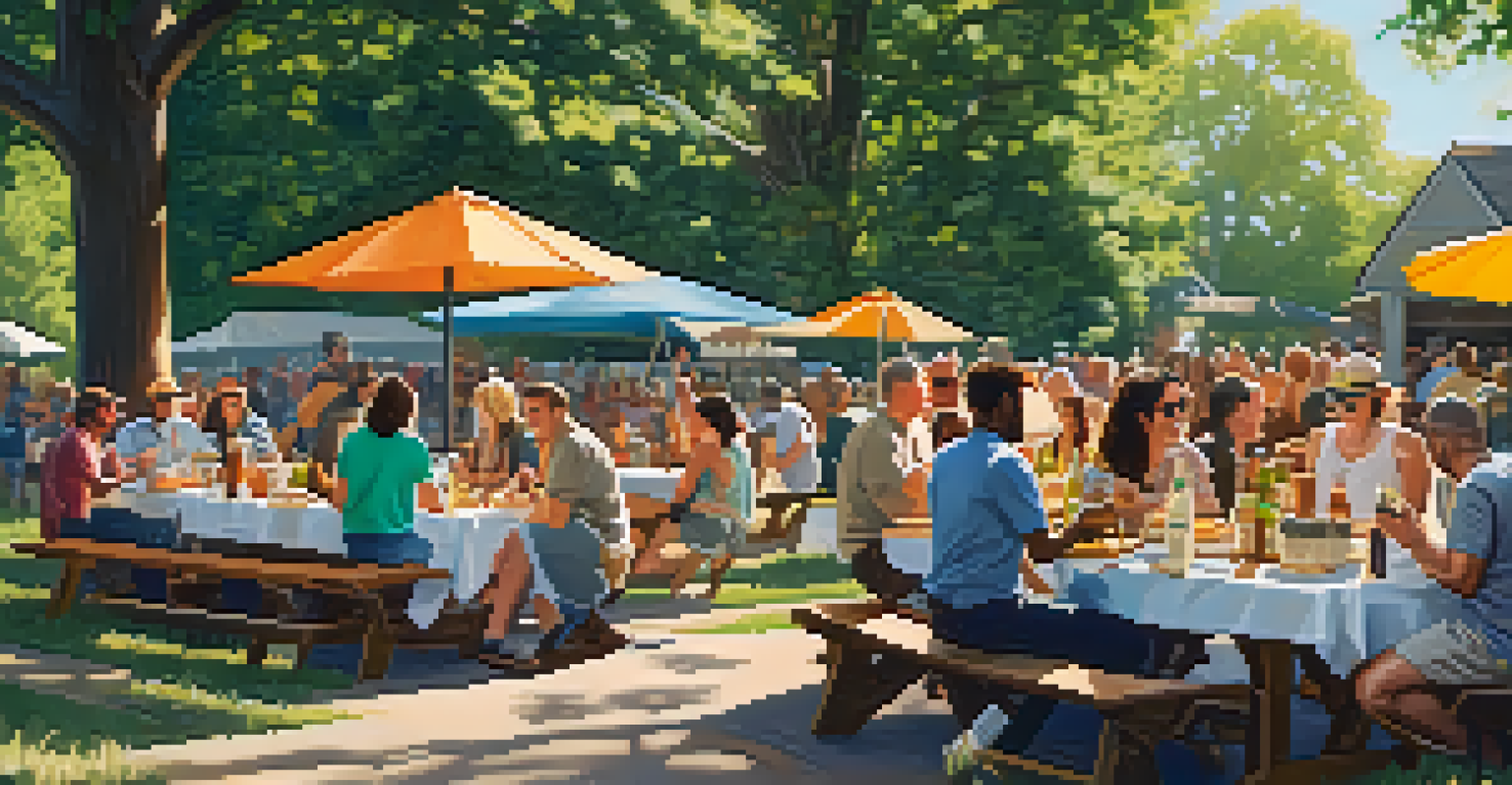 A sunny outdoor gathering with a picnic table full of craft beers and delicious food, surrounded by happy people enjoying the summer day.