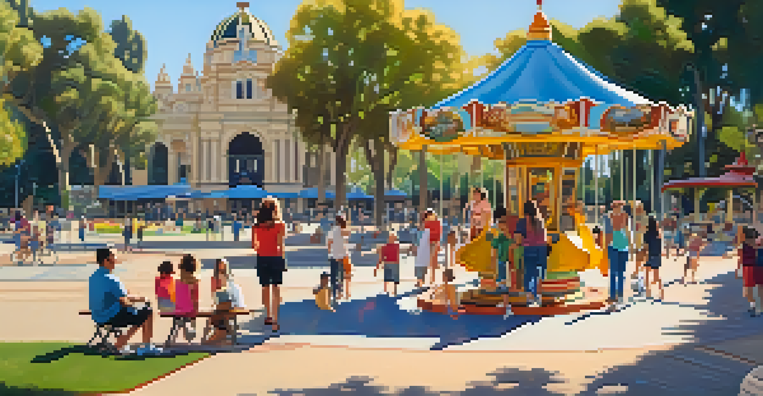 Families enjoying a sunny day in Balboa Park with children playing and a carousel in the background.