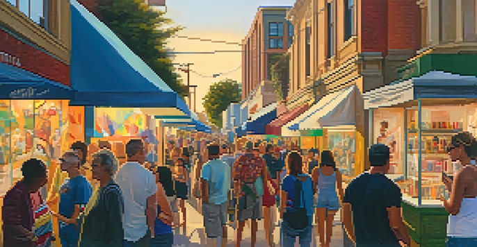 A bustling street filled with people at San Diego's art walk, with artists showcasing their art and colorful murals on display.