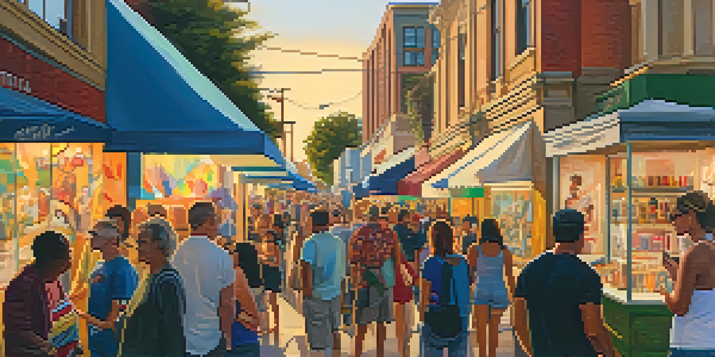 A bustling street filled with people at San Diego's art walk, with artists showcasing their art and colorful murals on display.