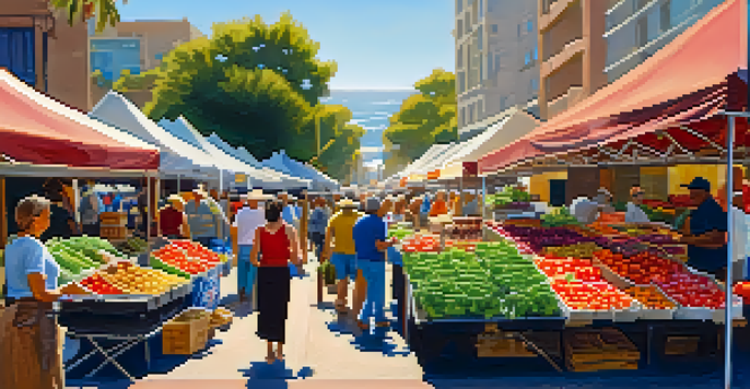 A lively farmers' market with colorful produce and local farmers interacting with customers under a sunny sky.