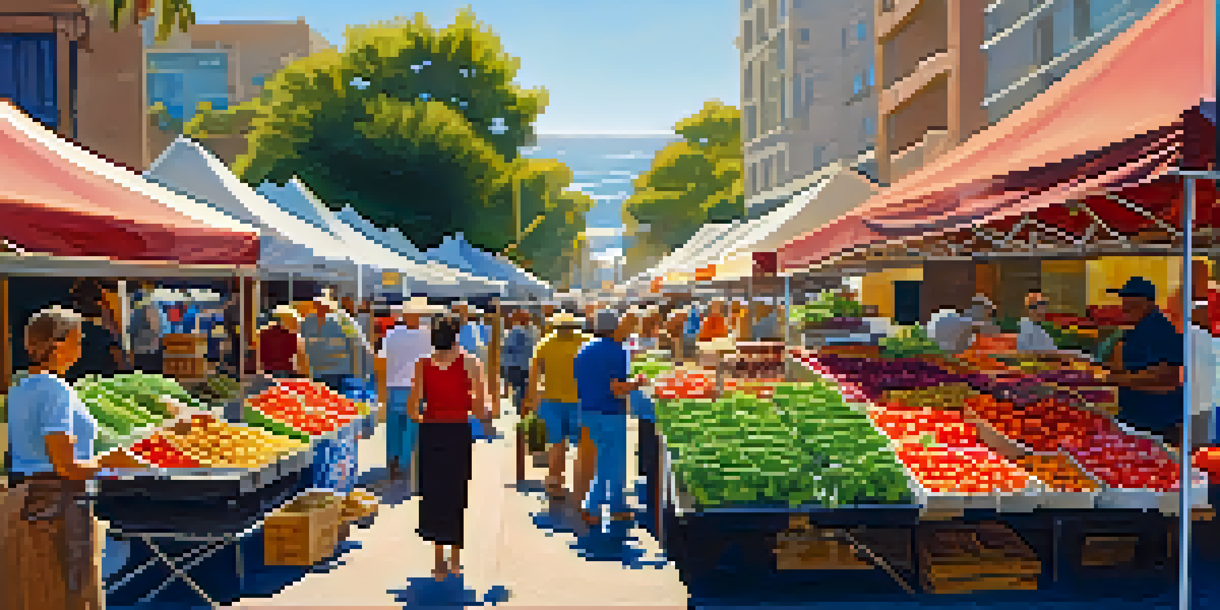 A lively farmers' market with colorful produce and local farmers interacting with customers under a sunny sky.