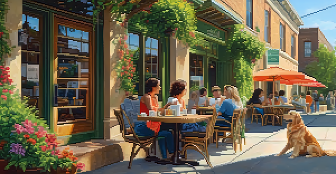 A woman enjoying coffee on a patio with a golden retriever by her side, surrounded by greenery and local art.