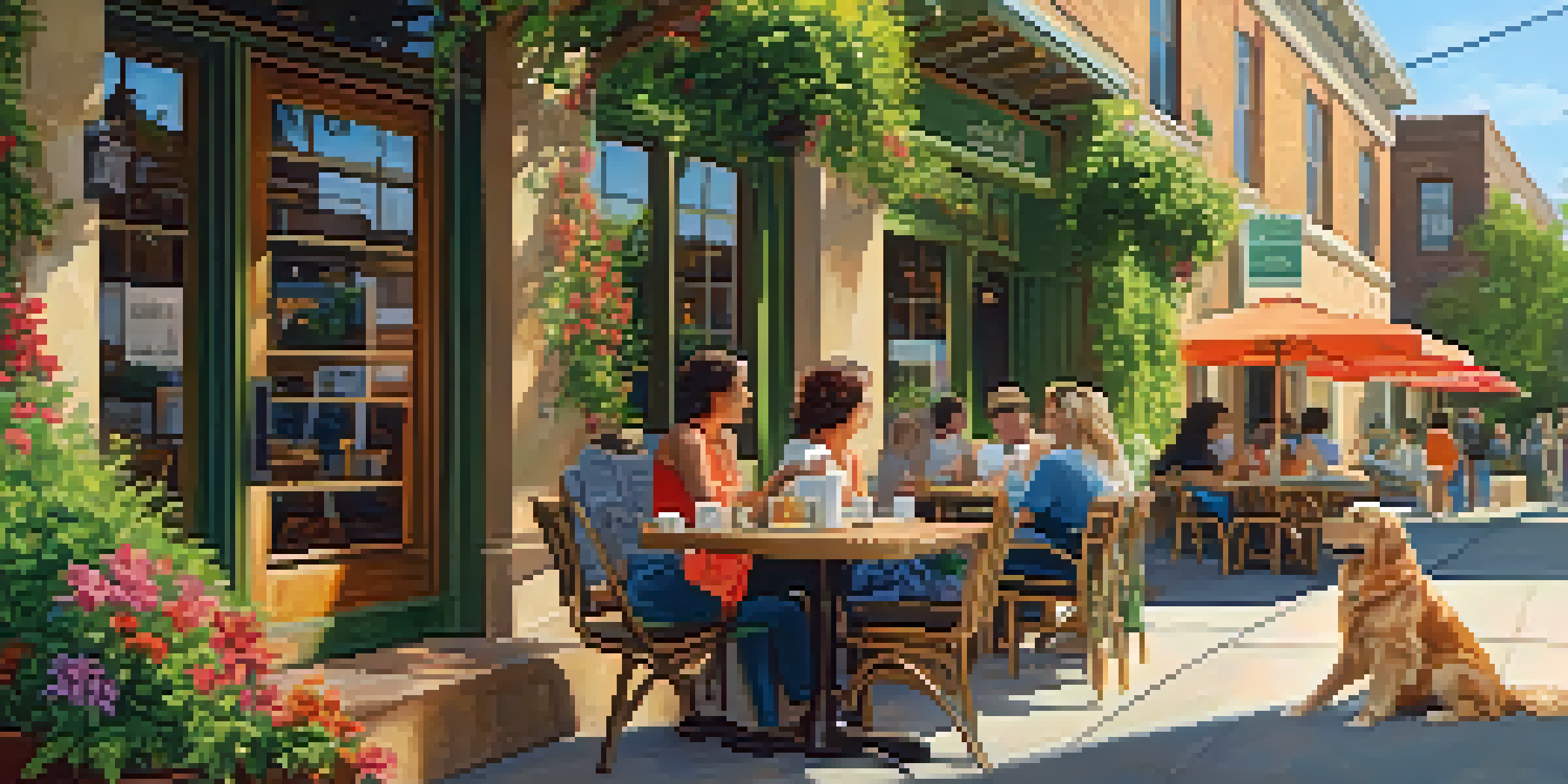 A woman enjoying coffee on a patio with a golden retriever by her side, surrounded by greenery and local art.